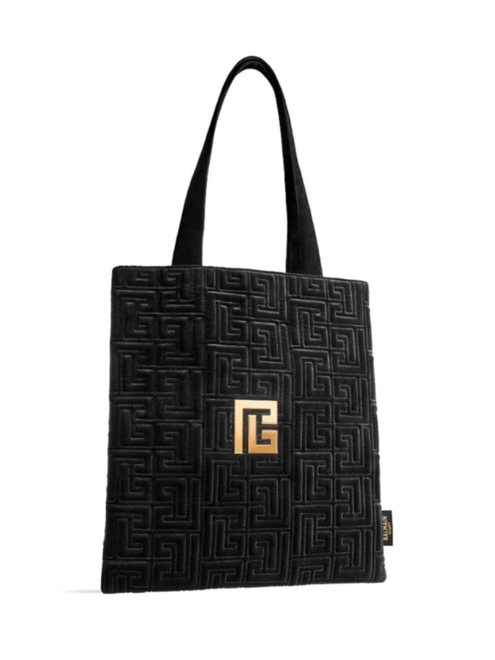 Balmain Large Black Velvet Quilted Tote Bag Gold Logo NWOT